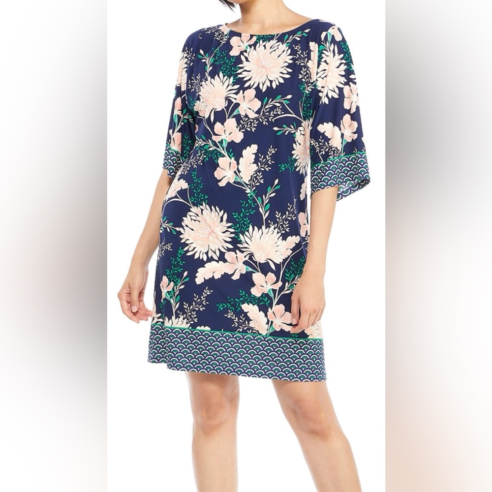 London Times Navy and Pink Floral Midi Dress